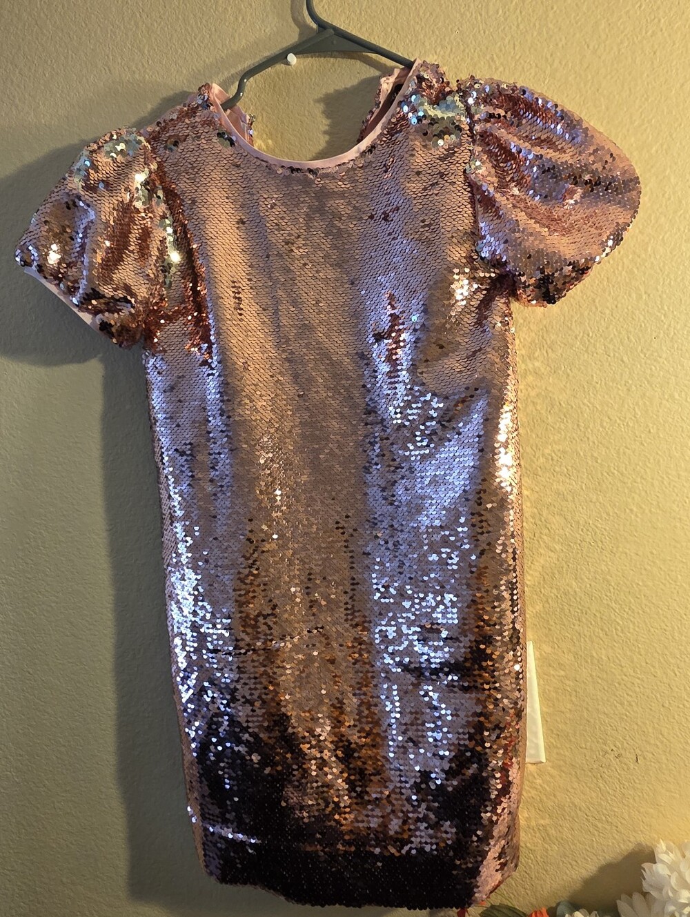 Girls' Rose Gold Sequin Mini Dress with Puff Sleeves